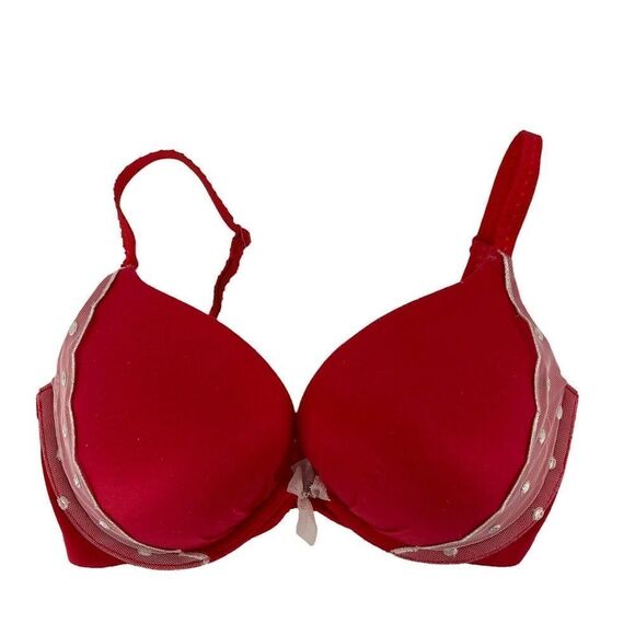 Victorias Secret Fabulous Plunge Bra 32DD Red Polka Dot Lace Underwire Push Up - Picture 1 of 8